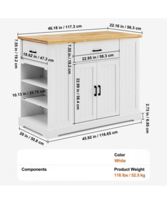 46" MDF, Rubberwood Kitchen Island Cart with Wood Top, Storage Cabinet, Adjustable Shelf, Drawer, Farmhouse Rolling Table