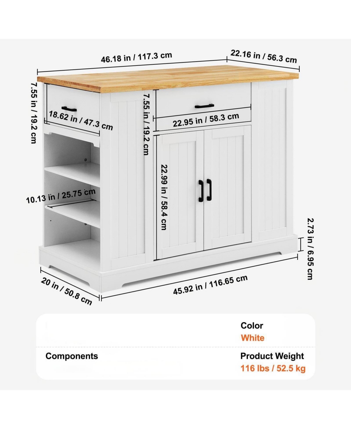 Volenca 46" Mdf, Rubberwood Kitchen Island Cart with Wood Top, Storage Cabinet, Adjustable Shelf, Drawer, Farmhouse Rolling Table