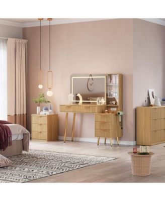 48" Makeup Vanity Desk with Glass Top, LED Mirror & Lights, 5 Drawers, Power Outlet – Modern Fluted Bedroom Design