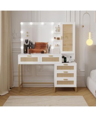 Vanity Benches, Modern Makeup Vanity Desk with Adjustable Mirror, Built in Charging Station