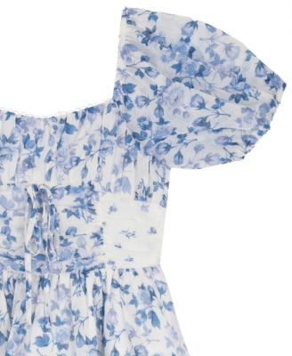 Girls' 7-16 Mixed Print Ruched Puff-Sleeve Dress