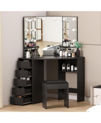 Corner Vanity and Stool, Corner Vanity Desk with Mirror and Lights, Corner Makeup Vanity with Power Outlet
