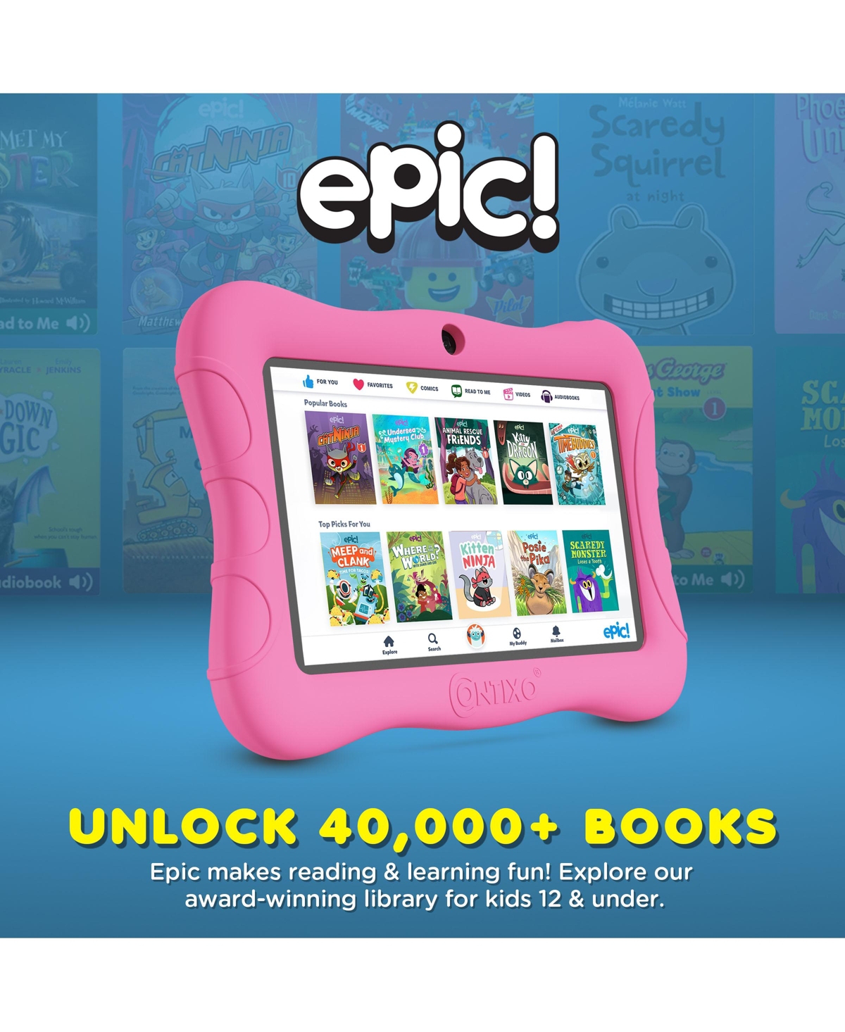 Contixo 7" Android Kids Tablet 32GB, Includes 50+ Disney Storybooks & Stickers, Protective Case with Kickstand, (2024 Model)