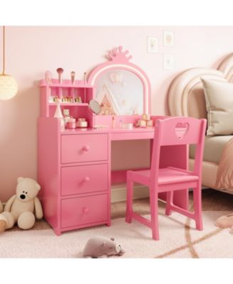 Kids Vanity with Lights – 2-in-1 Princess Makeup Toddler Vanity Table with Stool & Drawers, Wooden Girls Vanity Desk for Pretend Play