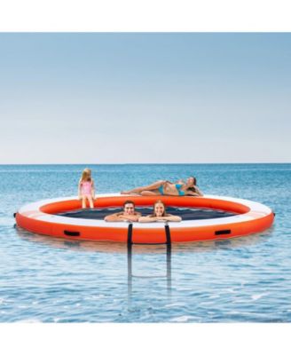 Inflatable Floating Dock Platform, ø8FT Dock with ø5FT Trampoline Mesh Pool, Non-Slip Water Mat, Portable Bag, Detachable Ladder