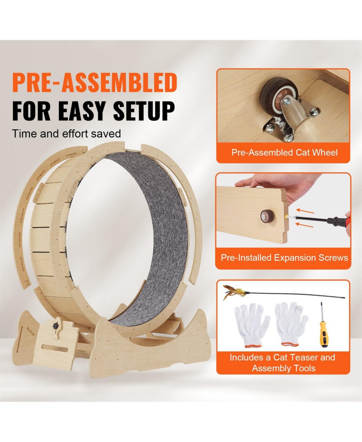 Aostirmotor 43.3 in Wooden Cat Running Wheel with Carpeted Runway in Yellow