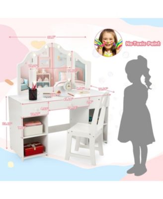 Kids Vanity Set with Mirror, 2-in-1 Wooden Toddler Vanity Table with Stool, Tri-Folding Mirror & Drawer, Removable Top