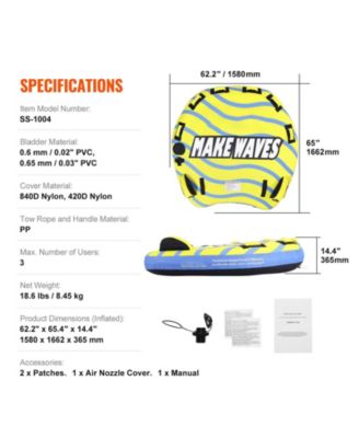 Inflatable Towable Tube for Boating, 1-3 Riders, 510 lbs Capacity, Full Nylon Cover, EVA Grab Handles, Speed Safety Valve