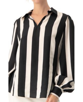Women's Collared Long Sleeve Striped Blouse