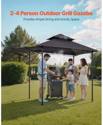 8 x 5 ft Grill Gazebo, Double-Tiered Top BBQ Gazebo with Extra Awning, Steel Frame, 2 Side Shelves, Bottle Opener and Hooks