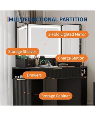 Lighted Mirror Corner Vanity Desk with Charging Station – Fluted Design, 3 Drawers, Cabinets & Open Shelves