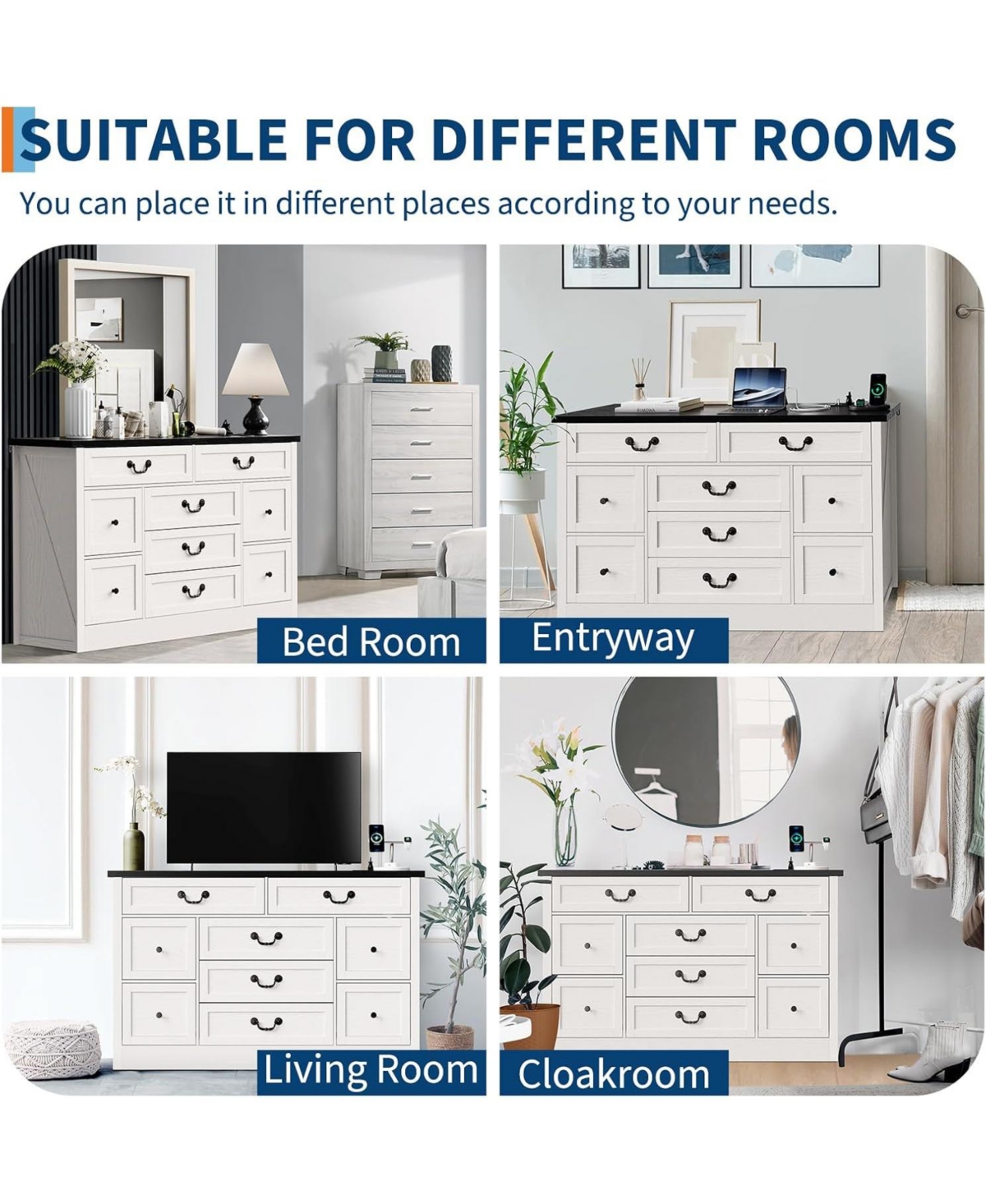 gaomon 9-Drawer Farmhouse Engineered Wood Dresser, Built-In Charging Station, Anti-Tip Device, Bedroom, Black