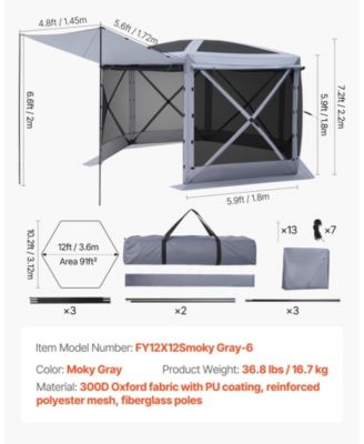 12 x 12 ft Pop-Up Gazebo Screen Tent, 6-Sided, Removable Top, Carry Bag, Quick-Set, Bite-Proof, 8-10 Persons, Grey