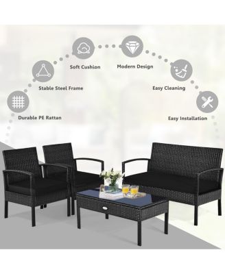 4 Piece Patio Rattan Furniture Set with Cushions, Loveseat & Table