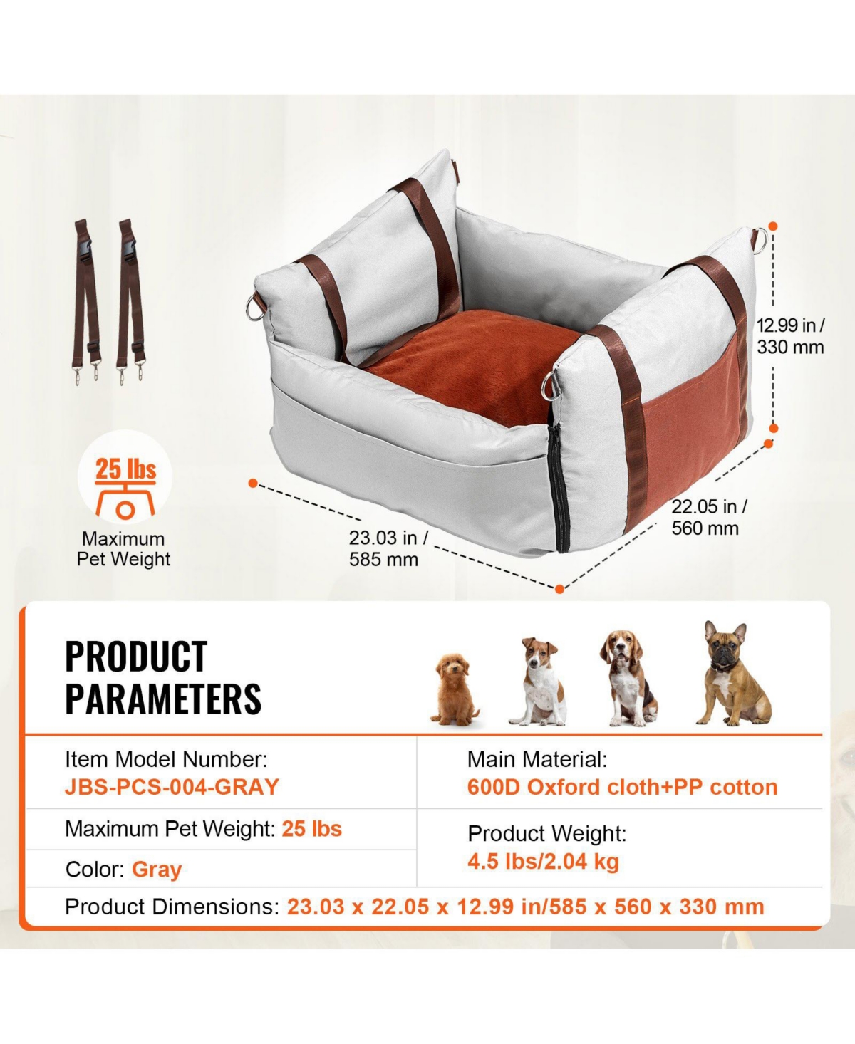 Cozito Waterproof Dog Car Booster Seat w/ Side Handles, Storage Pocket & Safety Leash, Pp Cotton Fill, Small Dog Car Bed up to 25 lb