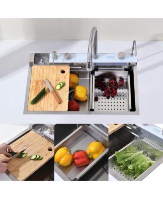 Smart Waterfall Kitchen Sink Single Bowl Pull Out Faucet 304 Stainless Steel