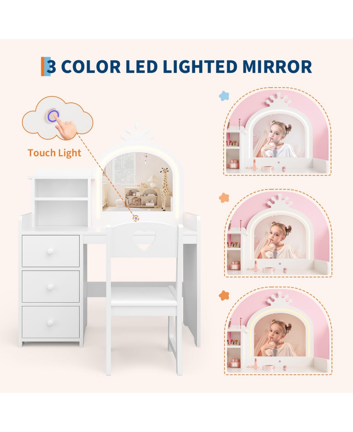 gaomon Kids Vanity with Lights – 2-in-1 Princess Makeup Toddler Table Stool & Drawers, Wooden Girls Desk for Pretend Play
