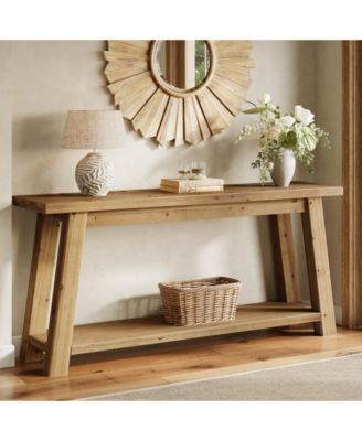 70.9" Solid Wood Console Table, 2-Tier Farmhouse Sofa Table for Entryway & Living Room, Natural