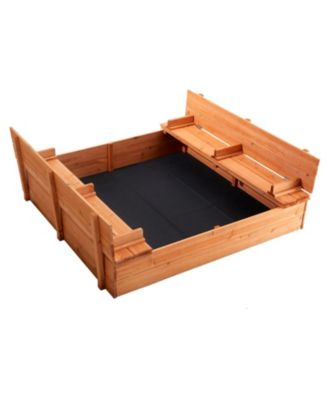 Wooden Sandbox, 52.4" x 47.2" x 16.9", Foldable Bench Seats & Bottom Liner, Ages 3-12