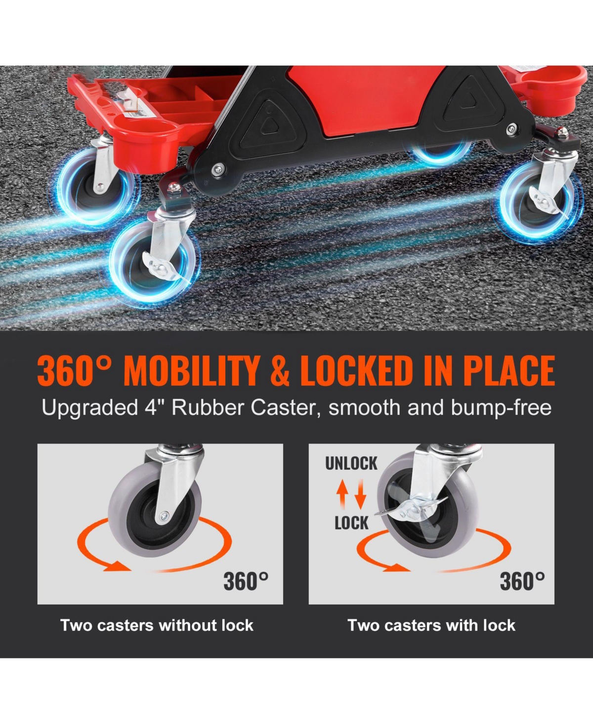 Mecale Rolling Mechanics Stool, 300-Lb Capacity, 4" Wheels, 3 Slide-Out Tool Trays & Drawer, Garage Seat