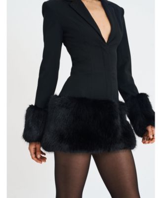 Women Wenona Black Fur Trimmed V-Neck Mini Blazer Dress