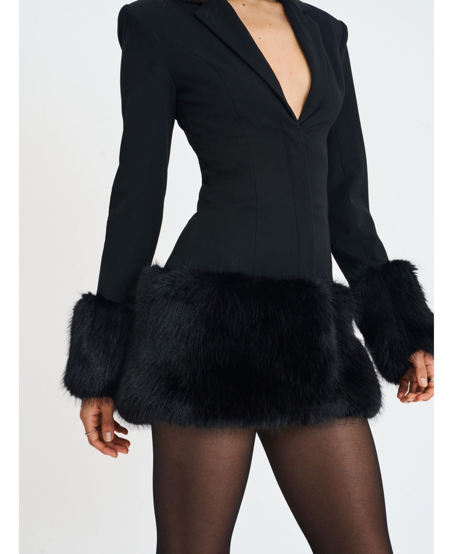 Women Wenona Black Faux Fur Trimmed V-Neck Mini Blazer Dress
