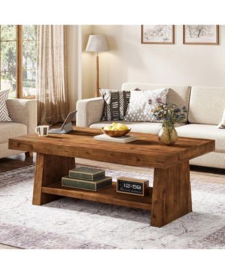 Solid Wood Coffee Table, 47-Inch Farmhouse Coffee Table with Storage, 2-Tier Rectangular Center Furniture