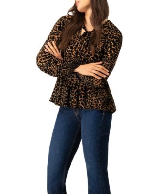 V-Neck Animal Print Blouse With Velvet Flock