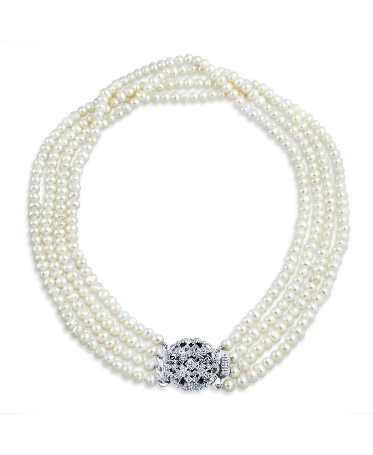 Bling Jewelry Art Deco Style White Freshwater Cultured Pearl Statement Multi Strand Necklace Floral Clasp