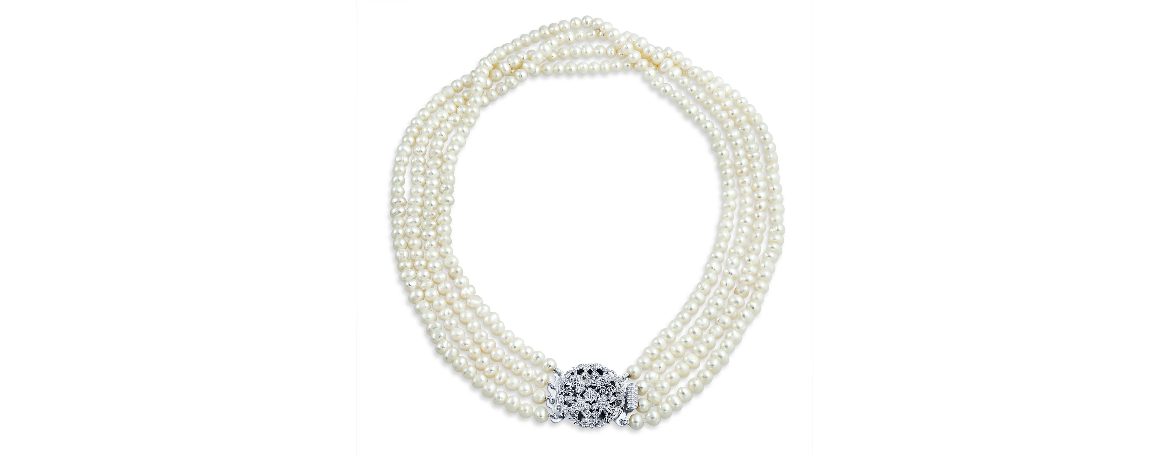 Bling Jewelry Art Deco Style White Freshwater Cultured Pearl Statement Multi Strand Necklace Floral Clasp