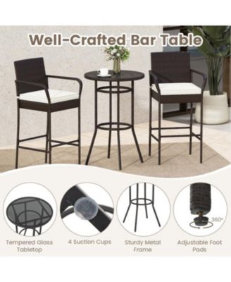 Outdoor Rattan Bar Table Set with 2 Cushioned Chairs