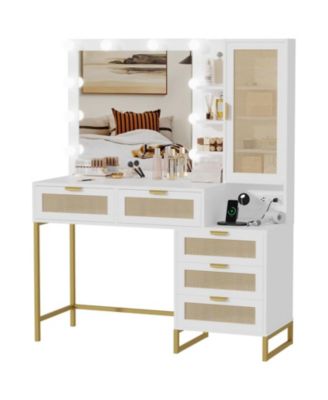 Vanity Mirror Lights and Table and Power Outlet Makeup Vanity Table for Bedrooms, Apartments, Easy to Assemble