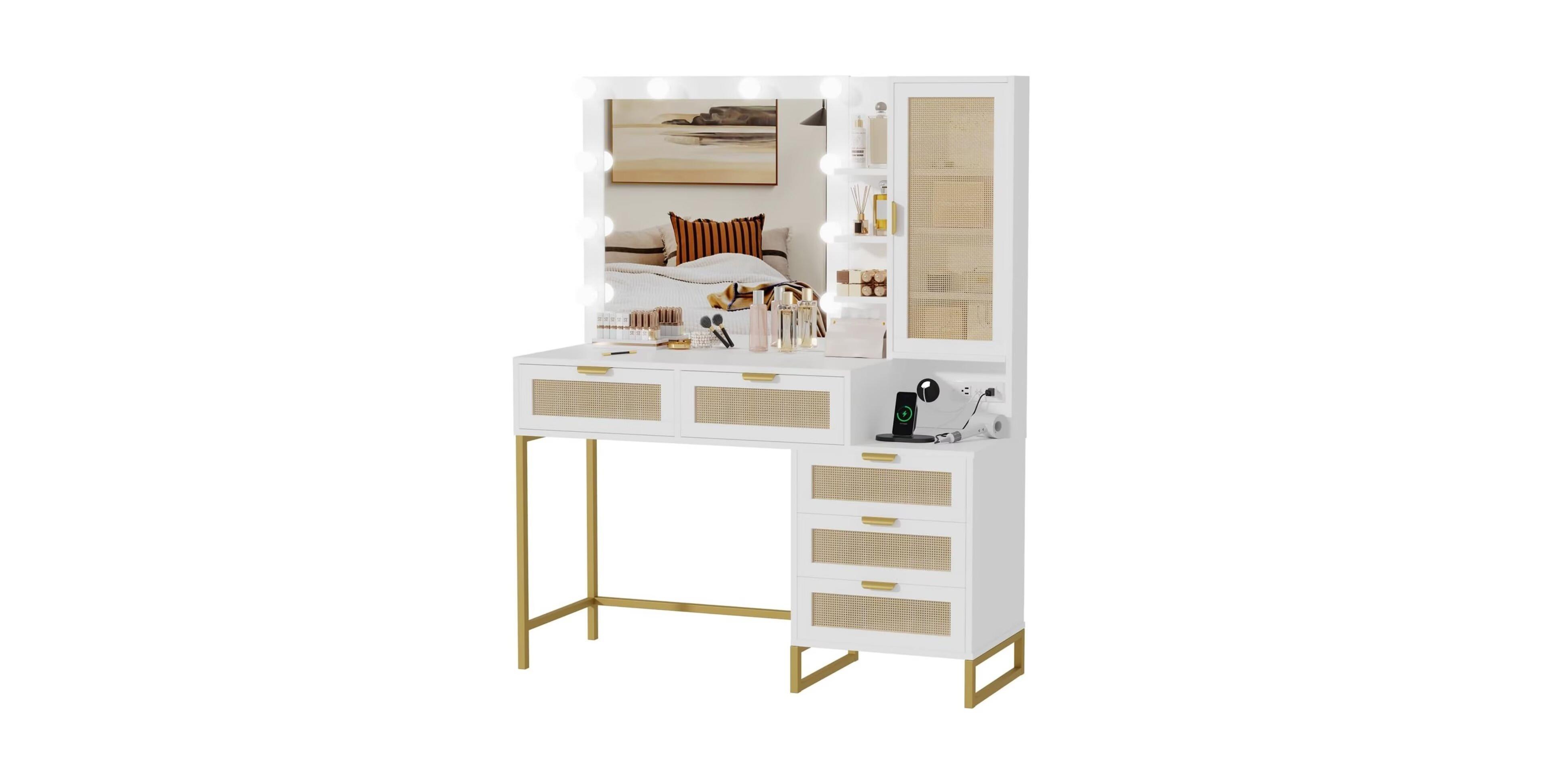 Gaomon Vanity Mirror Lights and Table and Power Outlet Makeup Vanity Table for Bedrooms, Apartments, Easy to Assemble