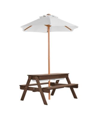Kids Picnic Table with Umbrella, 3-in-1 Sand and Water Table, Wooden Table and Bench Set with 2 Trays, Seats 4