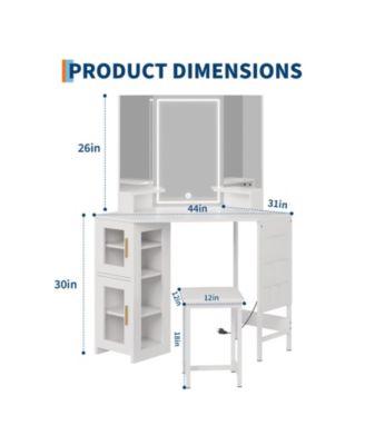 Corner Vanity Desk LED Lighted Mirror Charging Station and Storage Cabinet for Bedrooms, Apartments, Easy to Assemble
