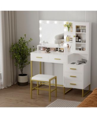 Large Makeup Vanity Desk Mirror LED Lights Charging Station Stool Drawers and Storage Shelves for Bedrooms, Apartments