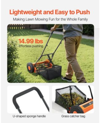 16" Push Reel Lawn Mower, 5-Blade Manual Mower, 0.6–1.75" Adjustable Cutting Height, Includes Grass Catcher Bag