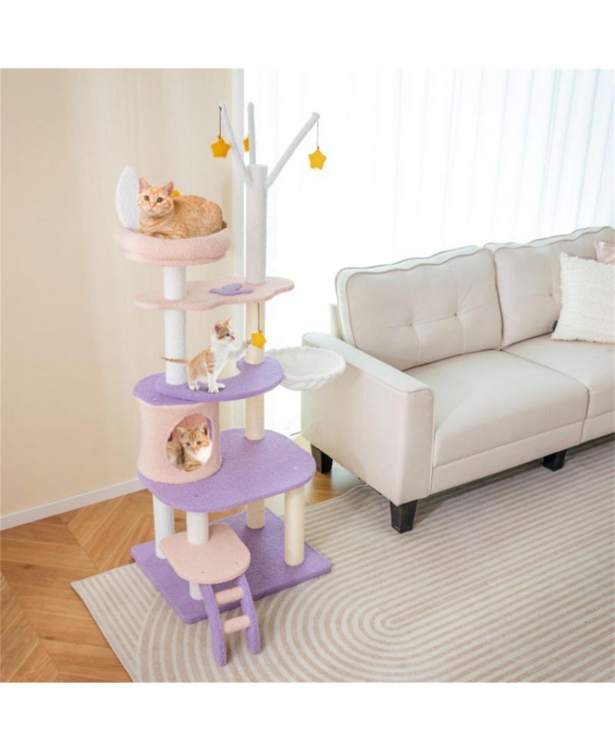 Aostirmotor 62" Tall Multi-level Cat Tower with Scratching Posts in Purplish Pink