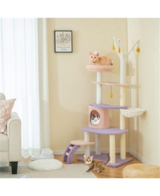 62" Tall Multi-level Cat Tower with Scratching Posts in Purplish Pink