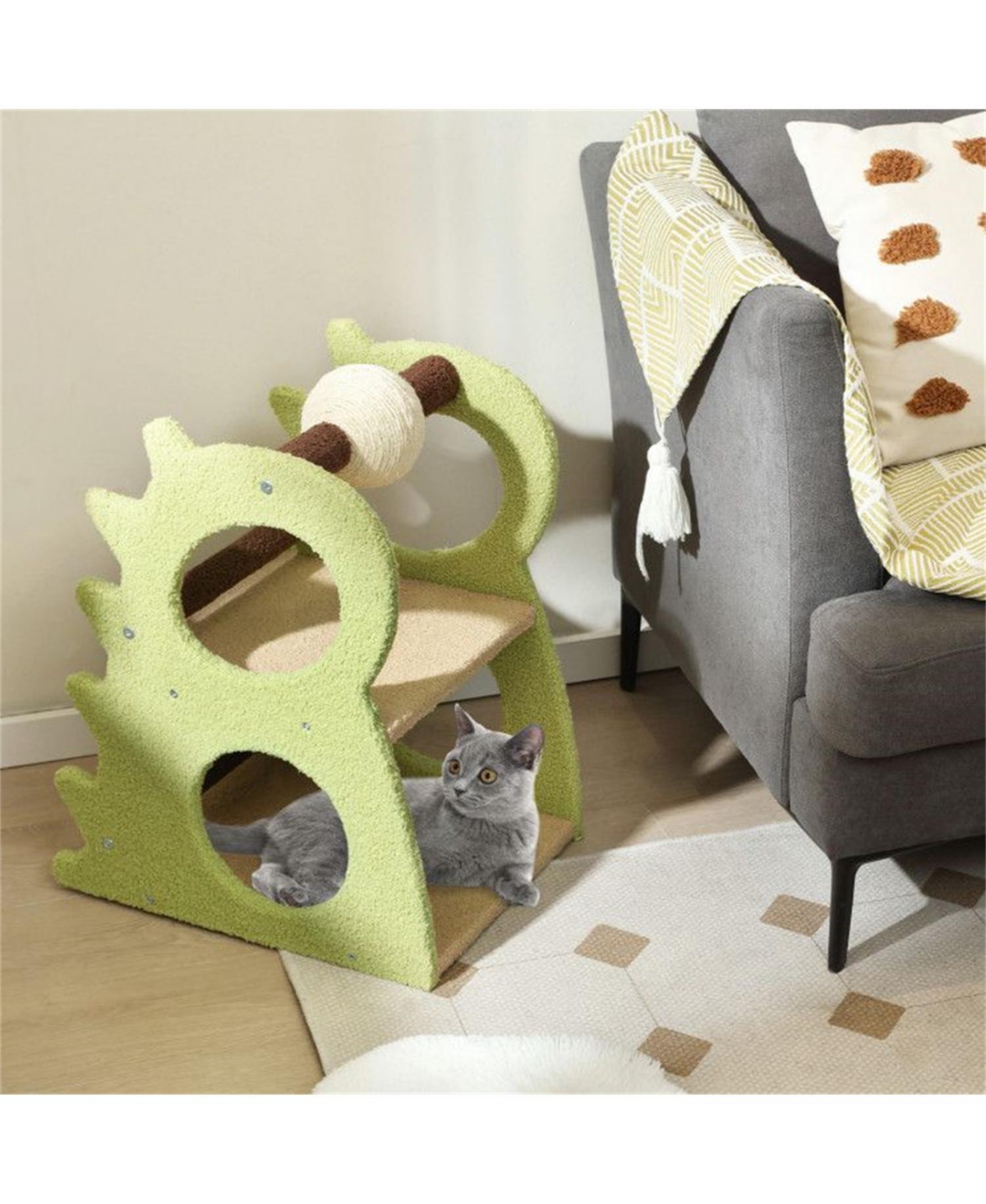 Aostirmotor 2-Tier Modern Cat Tree with Rotatable Scratching Ball in Green