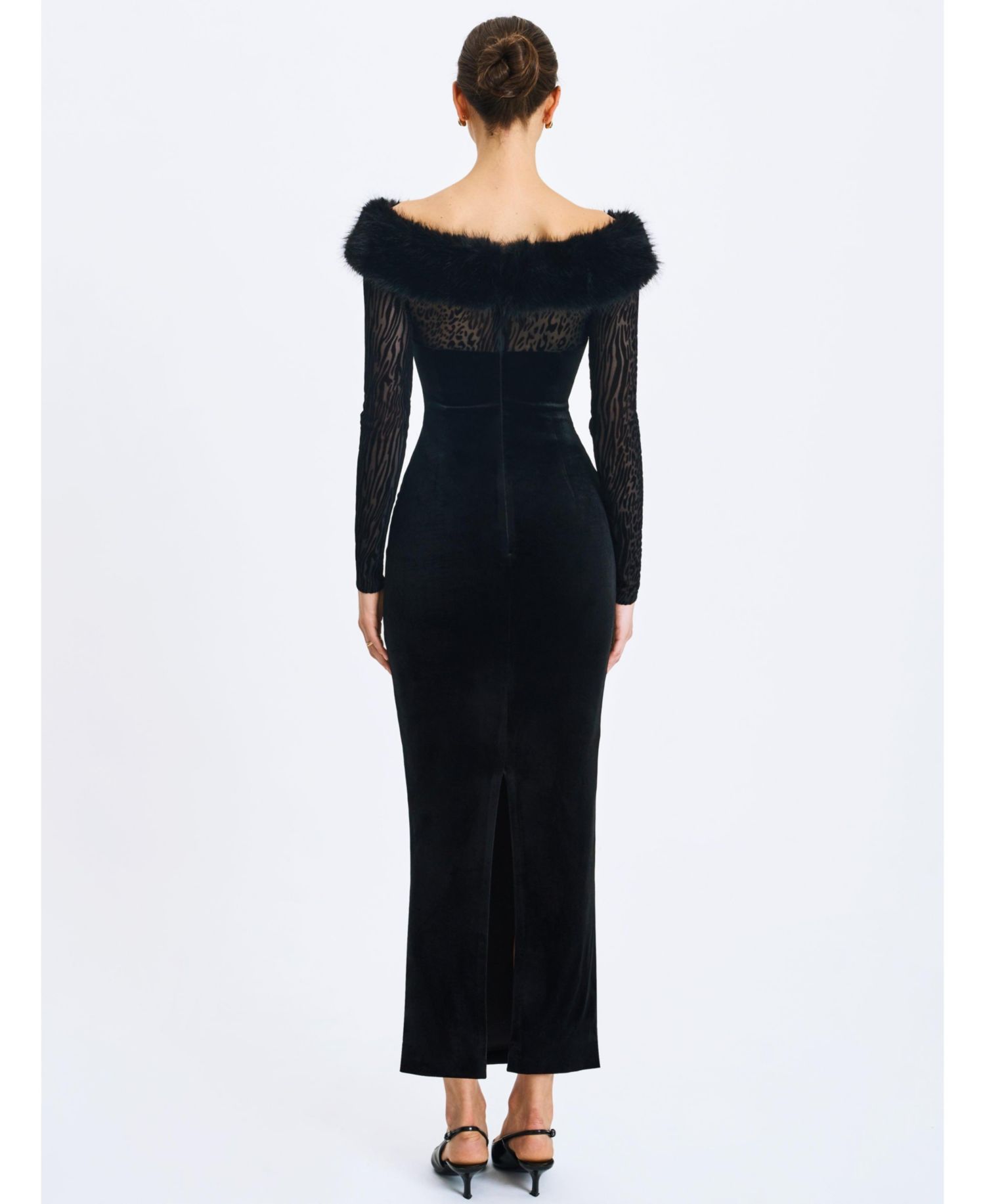 Women's Alexis Black Animal Print Faux Fur Boatneck Maxi Dress