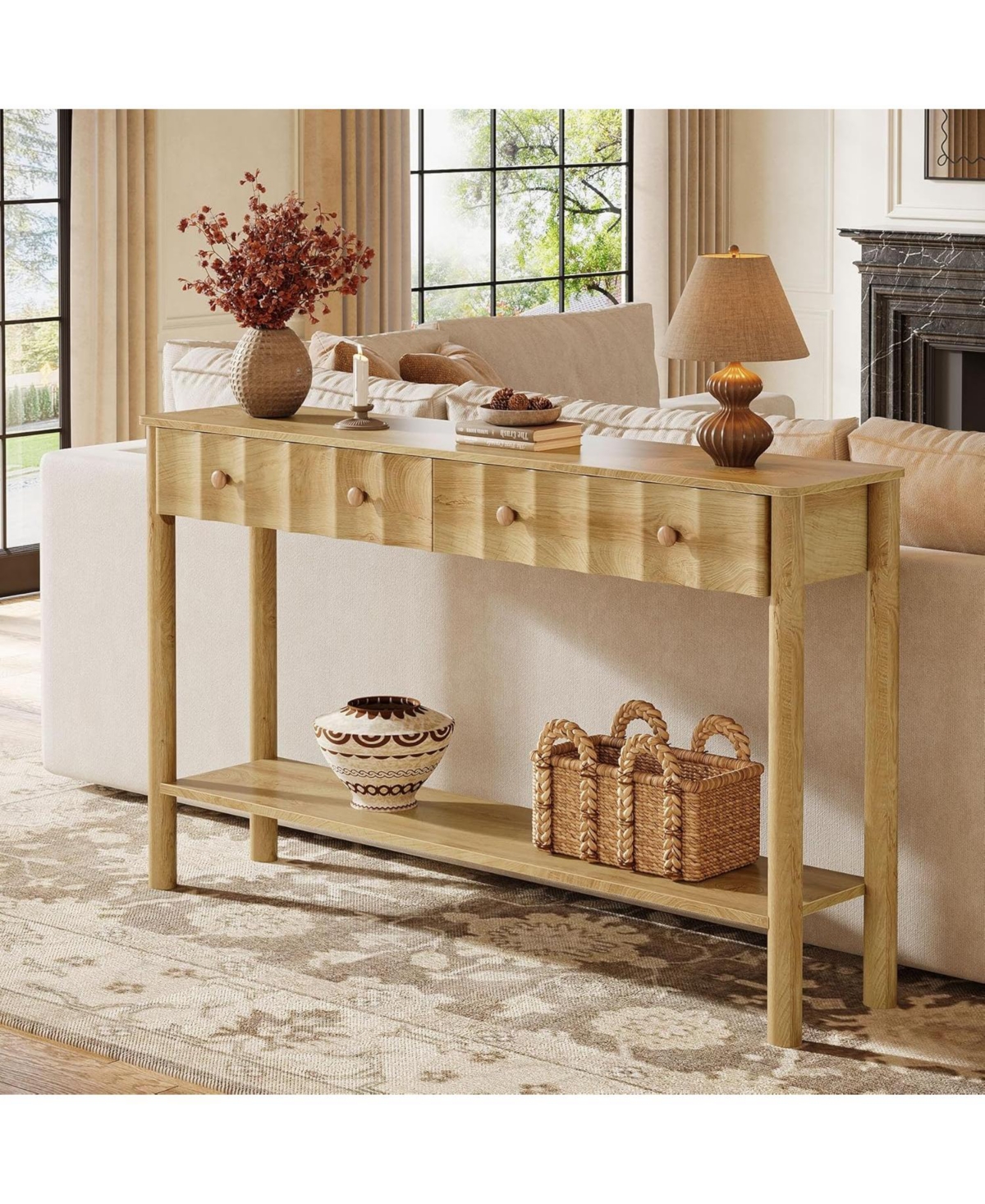 Tribesigns Console Table with 2 Drawers, 55-Inch Fluted Entryway Table, Modern Narrow Sofa Table with Open Shelf, Accent Console Furniture