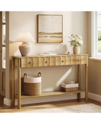 Console Table with 2 Drawers, 55-Inch Fluted Entryway Table, Modern Narrow Sofa Table with Open Shelf, Accent Console Furniture