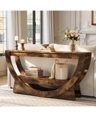 63-Inch Console Table, Farmhouse 2-Tier Entryway Table with Arched Open Shelf, Narrow Long Sofa Table Behind Couch, Wooden Accent Table