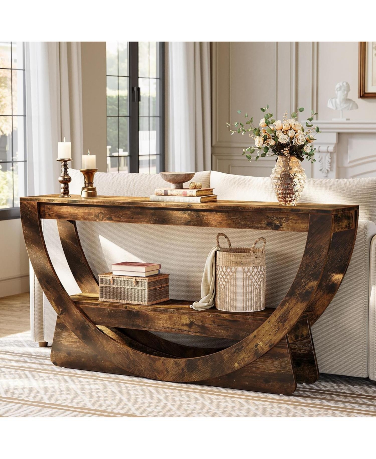 Tribesigns 63-Inch Console Table, Farmhouse 2-Tier Entryway Table with Arched Open Shelf, Narrow Long Sofa Table Behind Couch, Wooden Accent Table