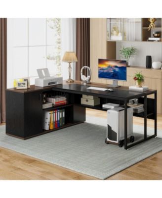 71 inch Executive Desk, L Shaped Desk with Cabinet Storage, Executive Office Desk with Shelves, Business Furniture Workstation