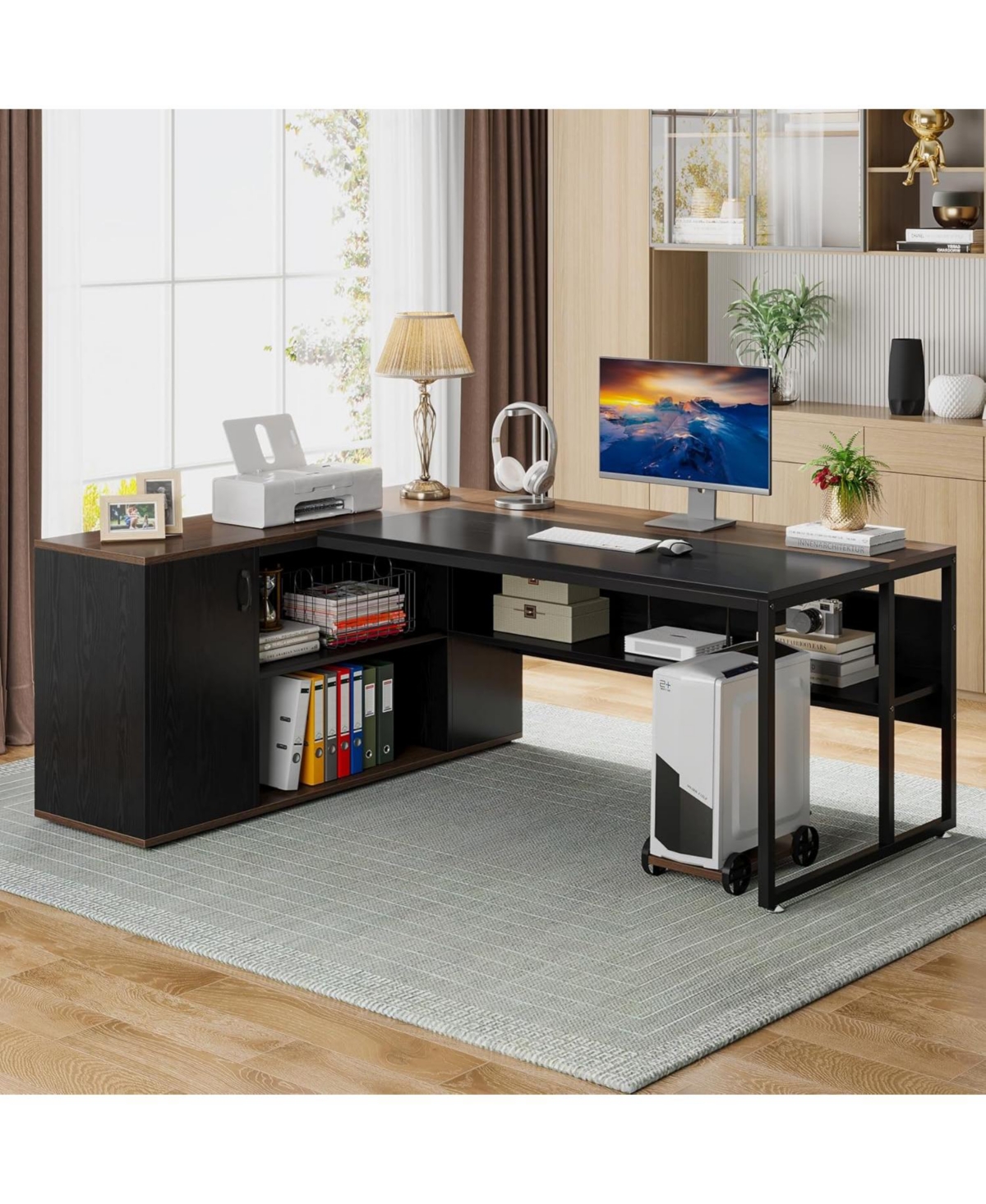 Tribesigns 71 inch Executive Desk, L Shaped Desk with Cabinet Storage, Executive Office Desk with Shelves, Business Furniture Workstation