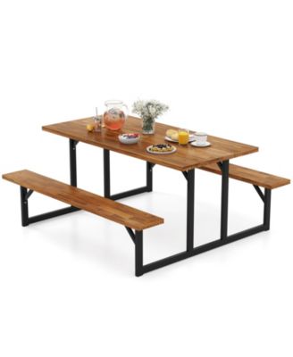 Outdoor Acacia Wood Picnic Table with 2 Benches for 6 Person