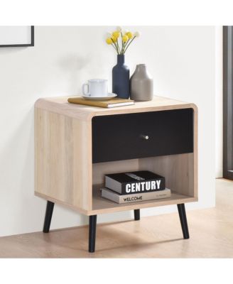 Nathan Side End Table with Drawer Open Shelf, Bedroom Bedside Nightstand, Oak/Black