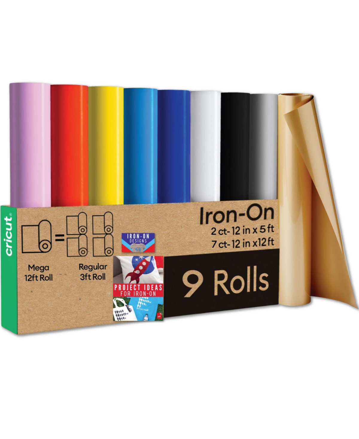 Cricut Premium Iron-On Rainbow Rolls Bundle - 12ft Colored Htv and 5ft Black & White